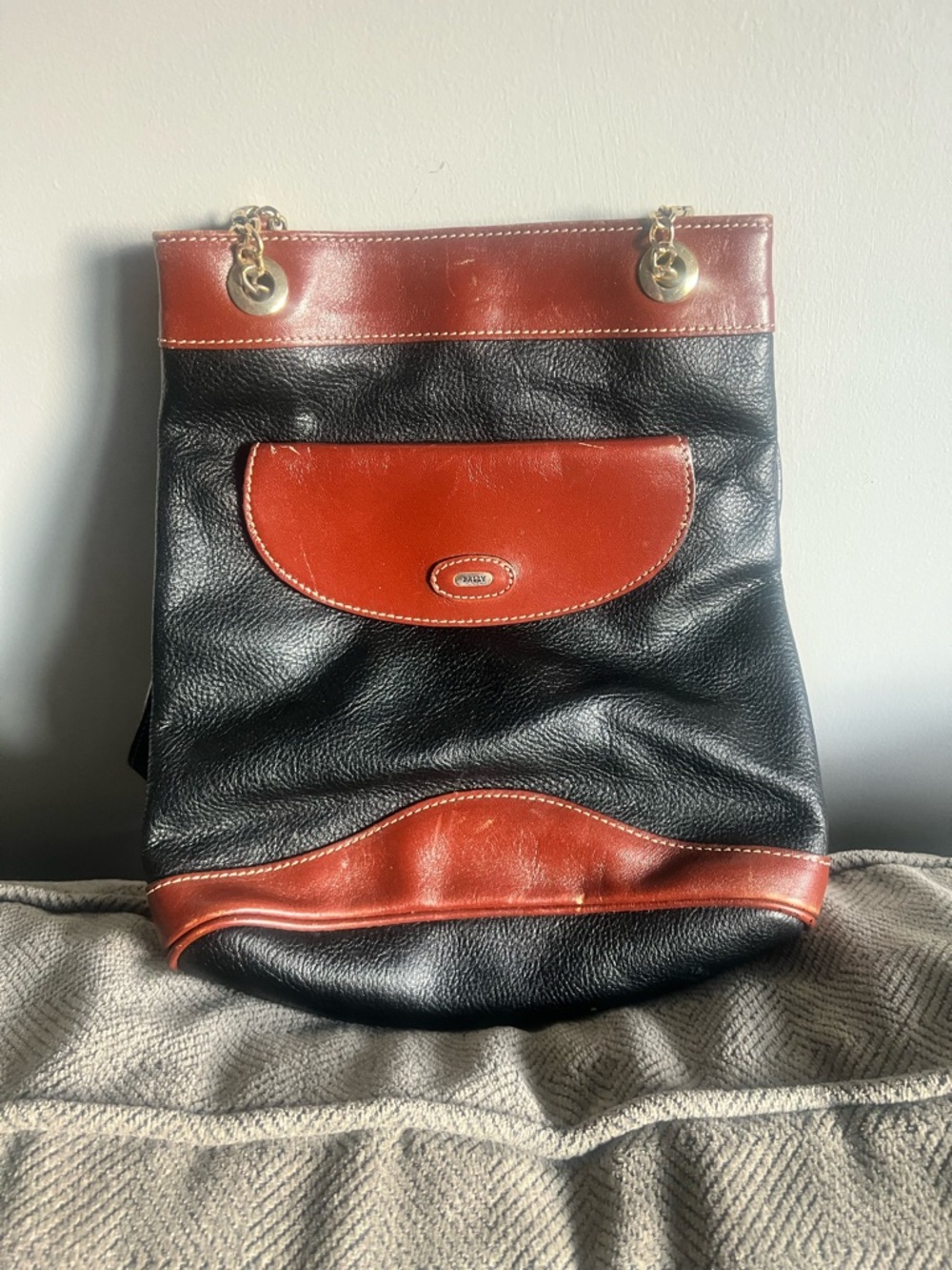 Bally Black and Brown Leather Shoulder Bag with Gold Hardware